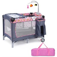 N9571  Costway Baby Crib Playpen Music Pink