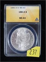 1881-S Morgan dollar, ANACS slab certified MS-63