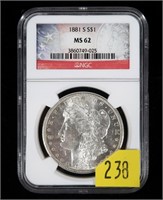 1881-S Morgan dollar, NGC slab certified MS-62