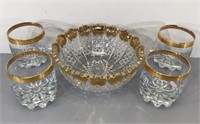 Bowl & Glasses w/Gilded Rims