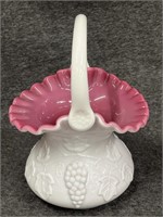 Vintage 8.5" Milk Glass Basket Pink Glass Overlay