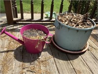 12” tall x 16” round lsnter and pink tin planter.