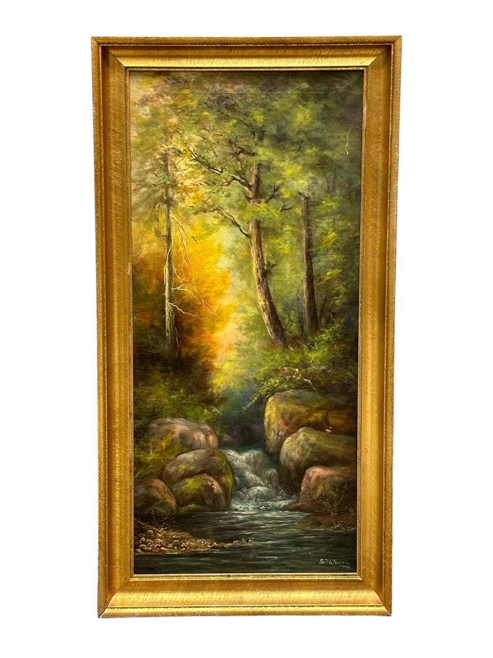 Signed Early Oil on Canvas Forest/River Scene