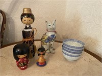 Collection of Asian Wood Dolls & Porcelain Cat