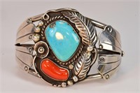 Sterling Turquoise & Coral Signed Cuff Bracelet