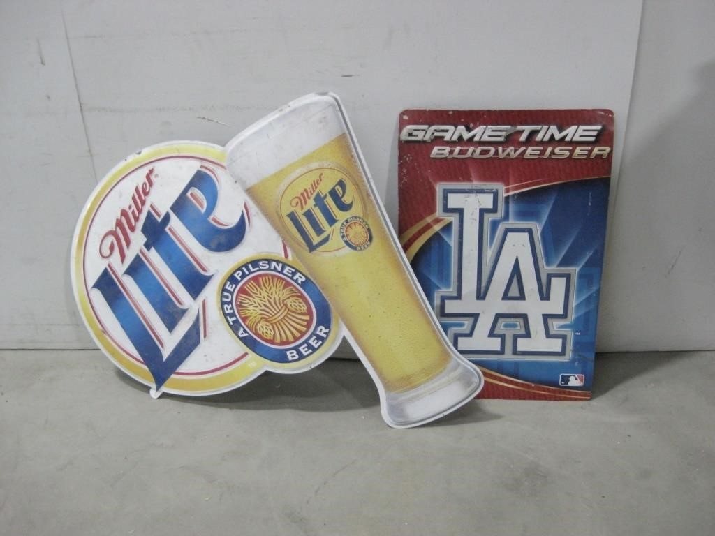 Two Metal Beer Signs Largest 34"x 32"