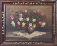 Continental School "Still Life of Roses," Oil