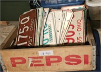 Assorted Old License Plates in Pepsi Crate