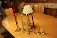Baldwin brass candlesticks, lamp, 2 plastic lights
