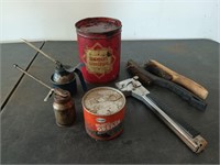 2 oil cans, arrow staple gun, wire brushes, old