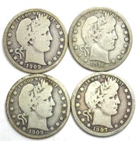 1907 1909 1909-D 1916 Quarter VG 4pc Lot