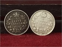 2 1919 Canada Small 5¢ Silver Coins