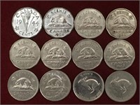 12 Vintage Canada 5¢ Coins