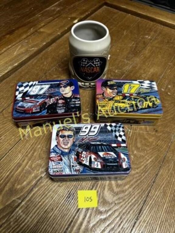 (3) METAL RACING TINS & (1) NASCAR MUG