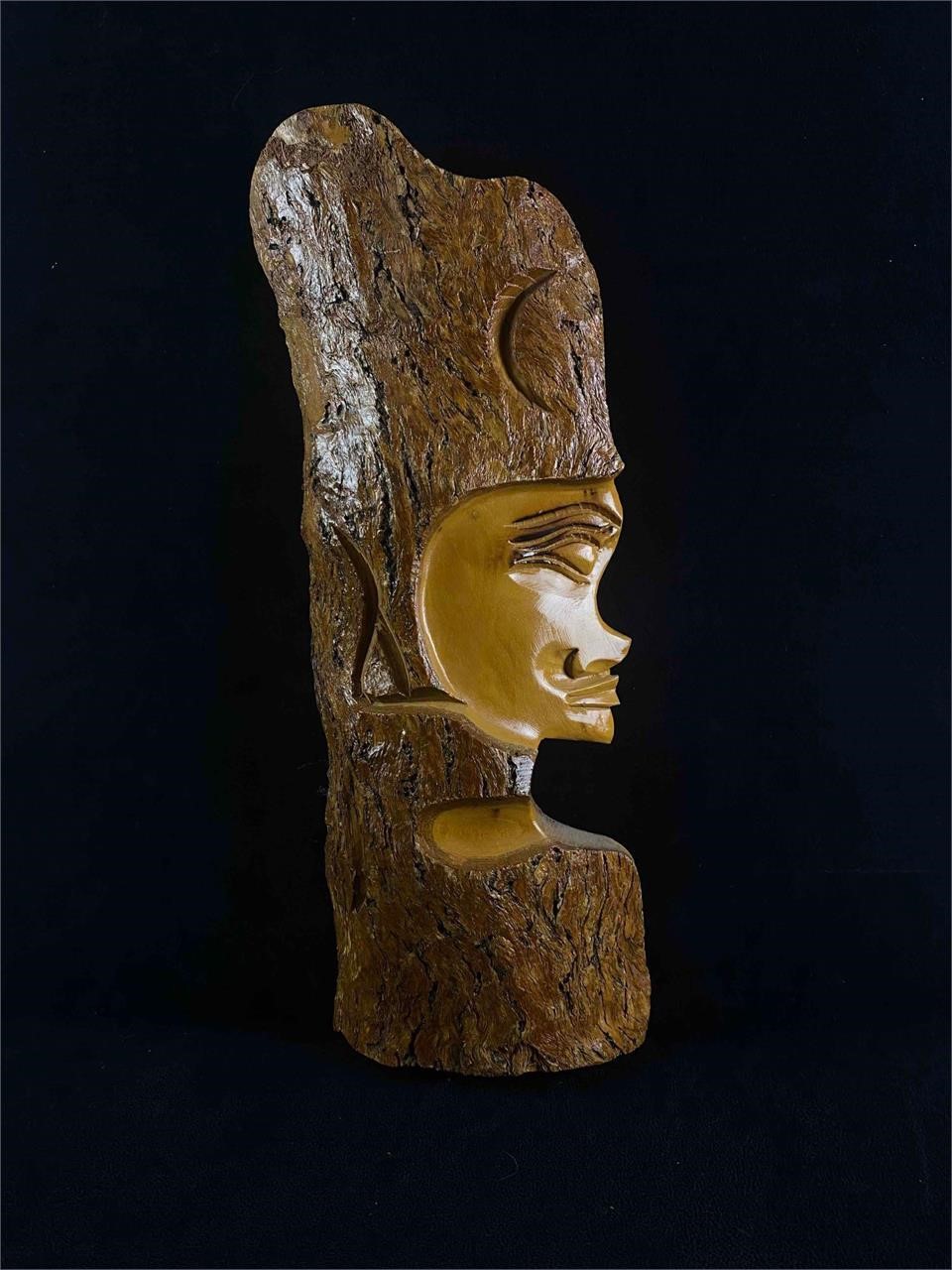 Vintage Tree Bark Hand Carved Female Face