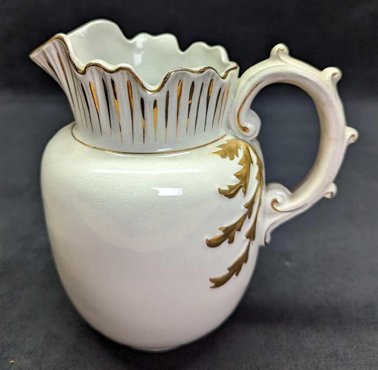 White Ironstone Porcelain Gold Accents Pitcher