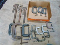 12- C- Clamps & 3- Pipe Wrenches