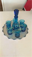 Blue Whiskey / Wine Decanter and Glasses With