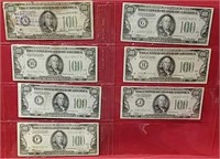 Seven 1934 One Hundred Federal Reserve Notes