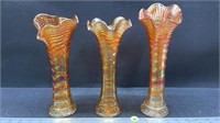 3 Carnival Glass Fluted Vases (10", 10" &