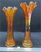 2 Carnival Glass Fluted Vases (9" & 10.5"H).