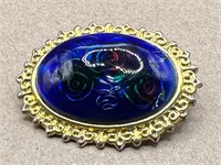 Unique Gold-Toned Dark Blue w/Roses Brooch