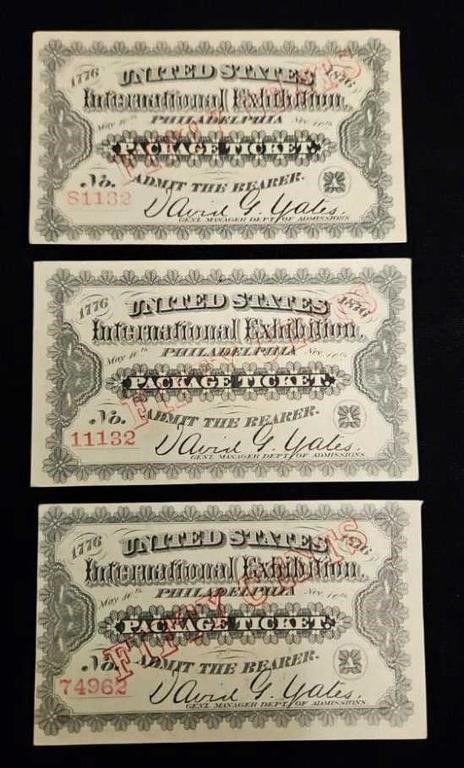 (3) 1876 US International Exposition Tickets