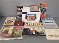 Group of train catalogs, books, Dept. 56 building,
