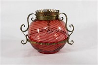 Red Glass Oil Lamp Shade w Twist Wrought Iron
