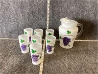 Hand Painted Milk Glass Cup and Pitcher Grape Set