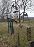 Shepherd hook, bird feeders, wind chimes