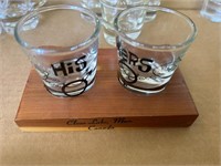 His & Hers Shot Glasses with Wood Display