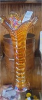 Vintage marigold Carnival Glass ripple vase 12"
