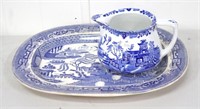 English Blue & white"Willow pattern"jug & platter