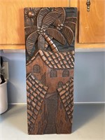 Hand Carved Wood Wall Art Palm Trees/Village