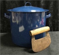 Blue Speckled Enamel Pot with Lid and Very Old