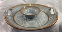 Pottery Party Platter w/ handles & bowl signed