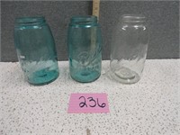 (3) Mason Jars 2 Blue and 1 Clear