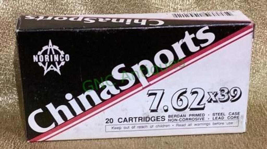 One 20 count box of ChinaSports 7.62X 39 ammo
