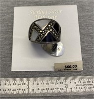 Sterling Silver MOP,Onyx, Marcasite Ring 8 NEW