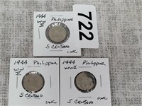 3 1944 WWII PHILLIPINES 5 CENTAVOS COINS