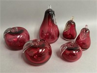 Collection of Cranberry Glass Apples and Pears