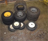 6 small equipment tires/wheels, 3 seeder wheels, f