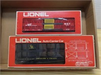 (2)New Lionel train cars. Auto carrier, The Katy.