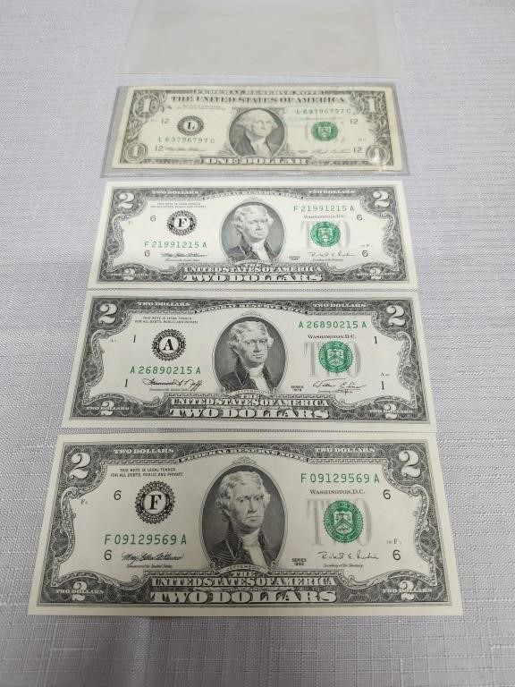 4 Loose Bills- 1993 $1. 1976 $2 & 1995 (2) $2