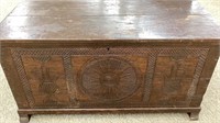 Antique brides chest with carved sun wheel and