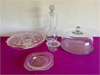 Etched Glass Decanter, Cake Plate + Cover +