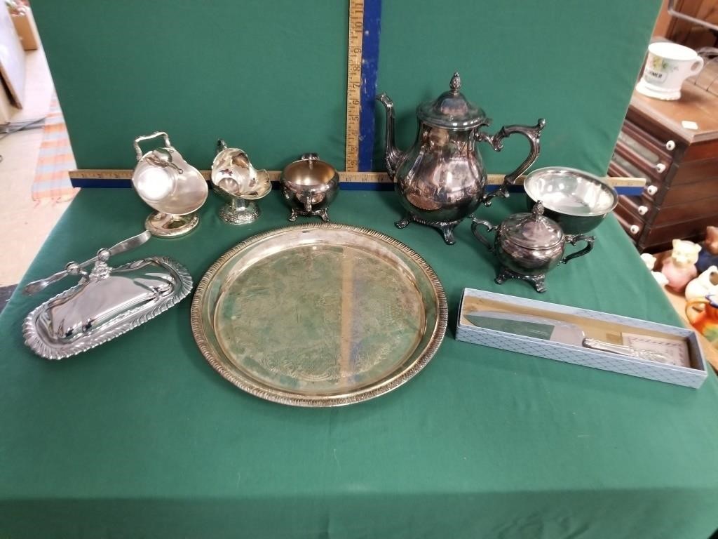 SILVER PLATE TEA SET,Q CAKE KNIFE, BUTTER HOLDER,