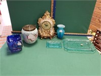 DESK CLOCK, BUSCUIT JAR, FENTON BOWL, VASES AND