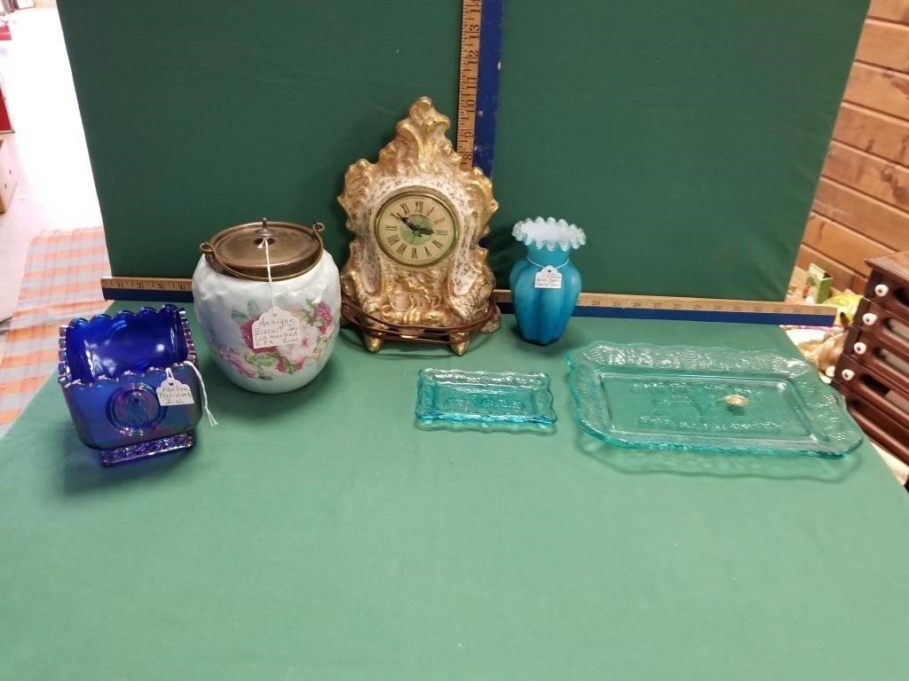 DESK CLOCK, BUSCUIT JAR, FENTON BOWL, VASES AND